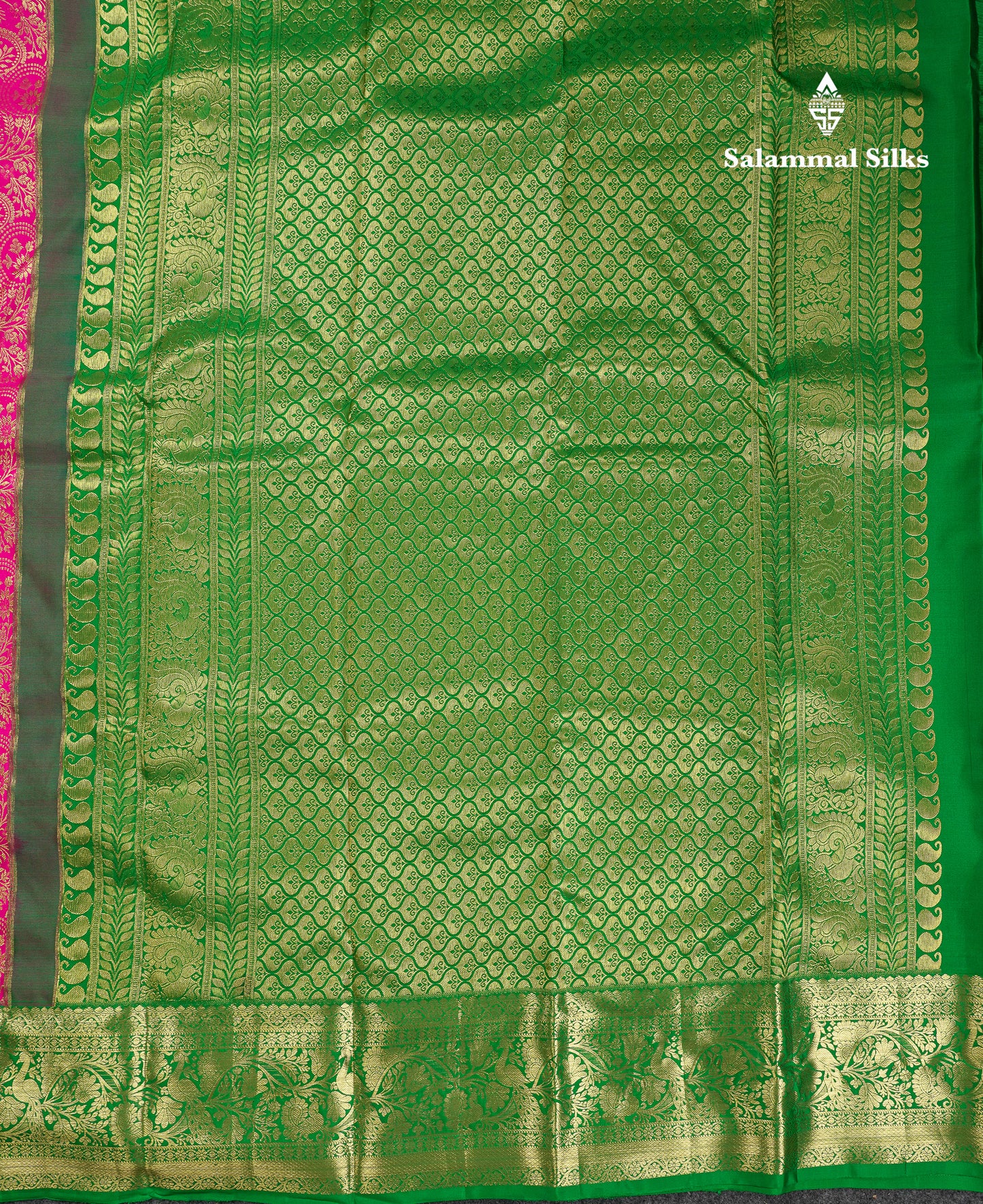 Beautiful Magenta Pink Bridal Pure Kanjivaram Silk Saree With Contrast Green Traditional Border
