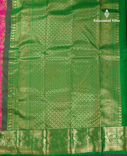 Beautiful Magenta Pink Bridal Pure Kanjivaram Silk Saree With Contrast Green Traditional Border