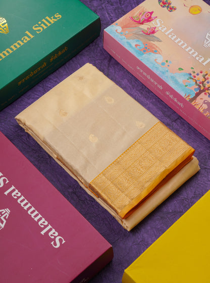 Beautiful Cream Sandal Pure Kanjivaram Silk Saree With Contrast Yellow Medium Traditional Border