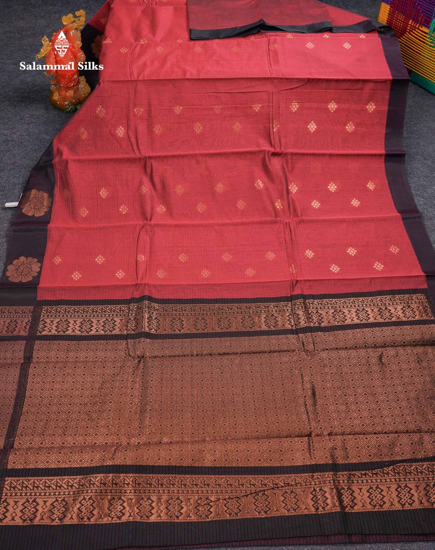 Beautiful Brown Copper Zari Butta Kota Cotton Saree With Contrast Dark Brown Border