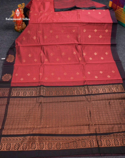 Beautiful Brown Copper Zari Butta Kota Cotton Saree With Contrast Dark Brown Border