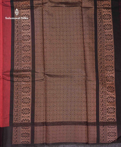 Beautiful Brown Copper Zari Butta Kota Cotton Saree With Contrast Dark Brown Border