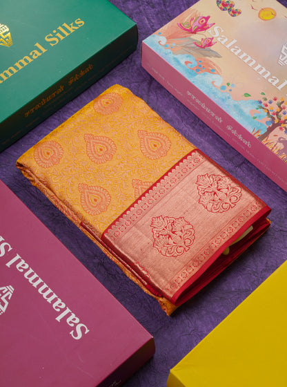 Beautiful Mustard Yellow Bridal Pure Kanjivaram Silk Saree With Contrast Maroon Border