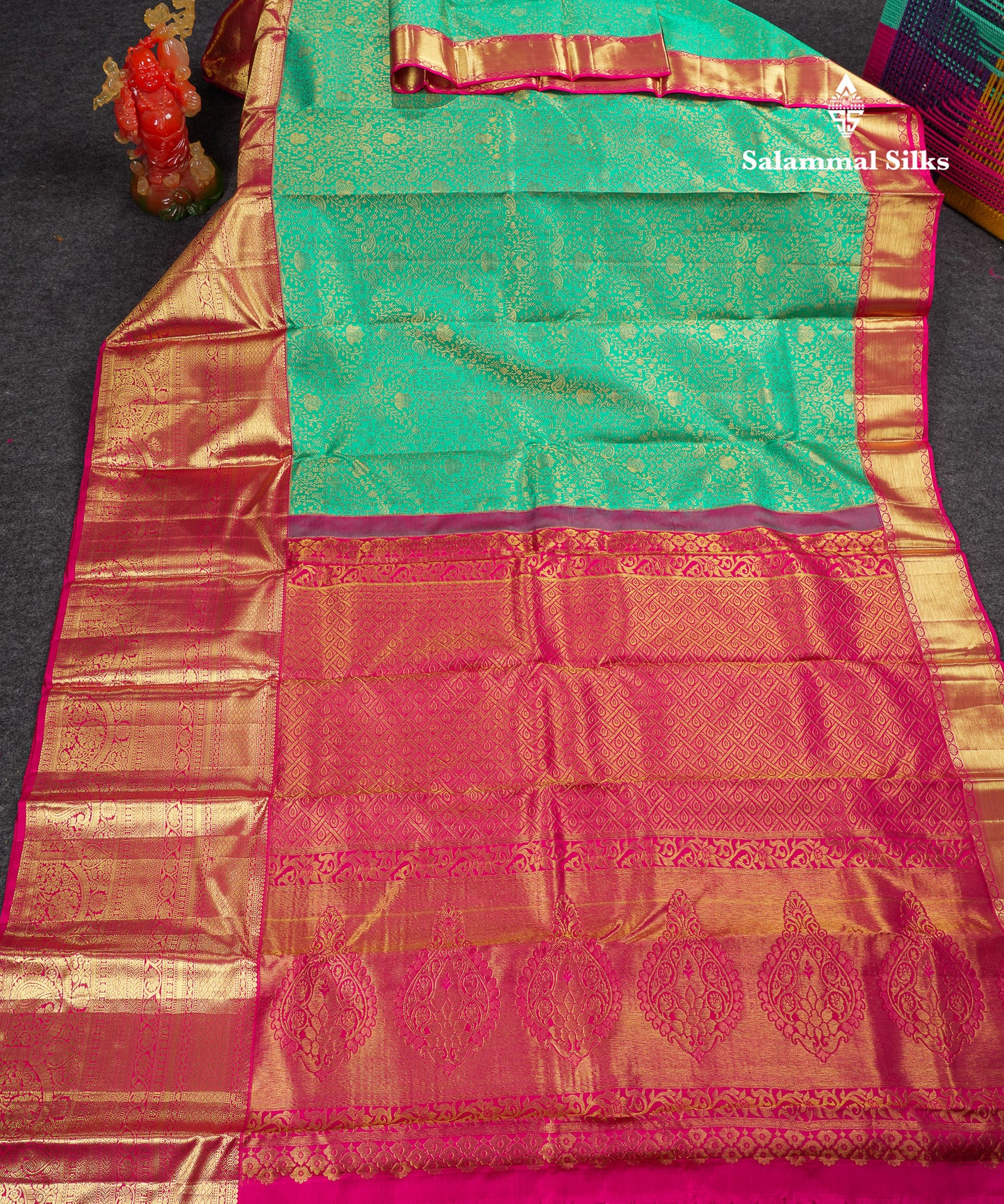 Beautiful Sapphire Green Bridal Pure Kanjivaram Silk Saree With Contrast Magenta Pink Traditional Evening Morning Border