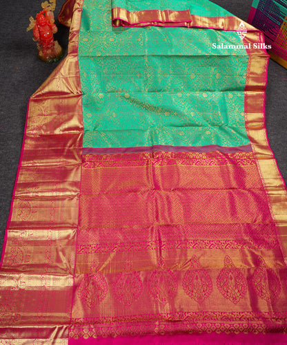 Beautiful Sapphire Green Bridal Pure Kanjivaram Silk Saree With Contrast Magenta Pink Traditional Evening Morning Border
