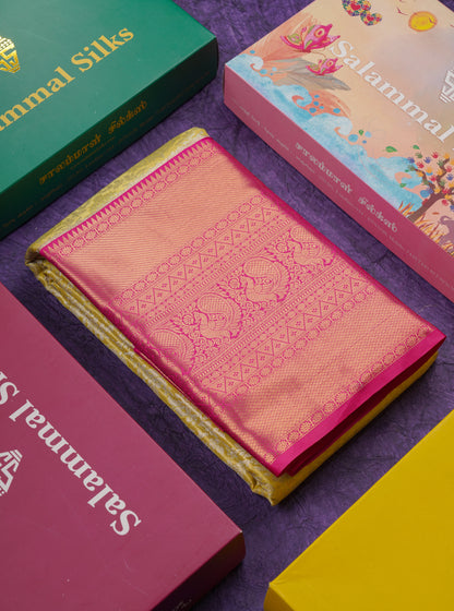 Beautiful Lemon Yellow Tissue Semi Silk Saree With Contrast Pink Long Traditional Border