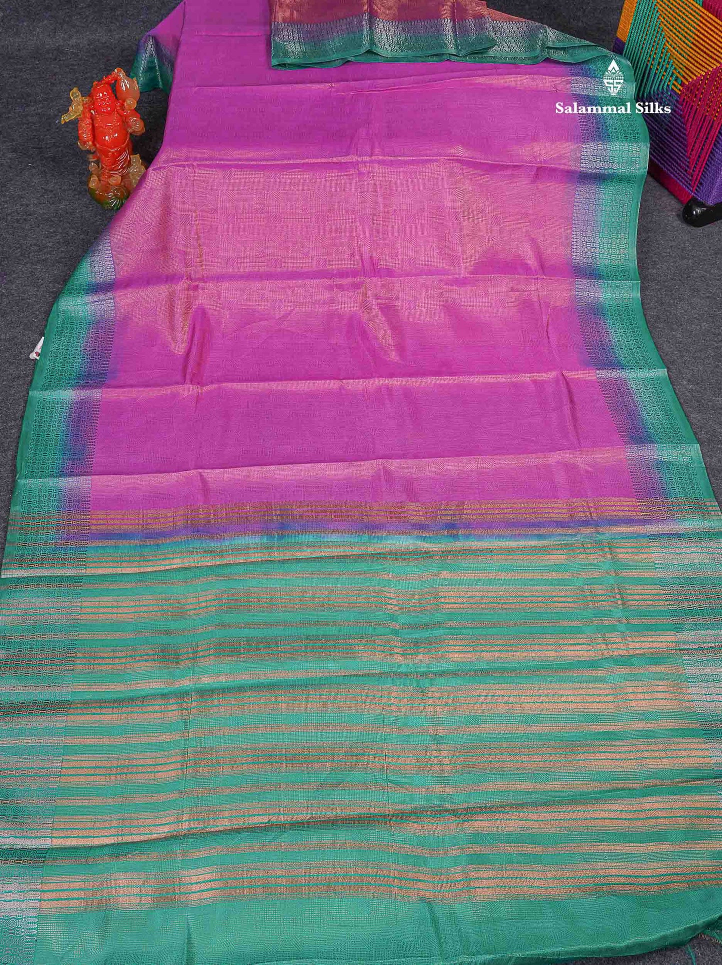 Semi Raw Silk Fancy Saree - Light Pink With Contrast Sapphire Green Blouse