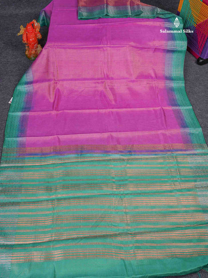 Semi Raw Silk Fancy Saree - Light Pink With Contrast Sapphire Green Blouse