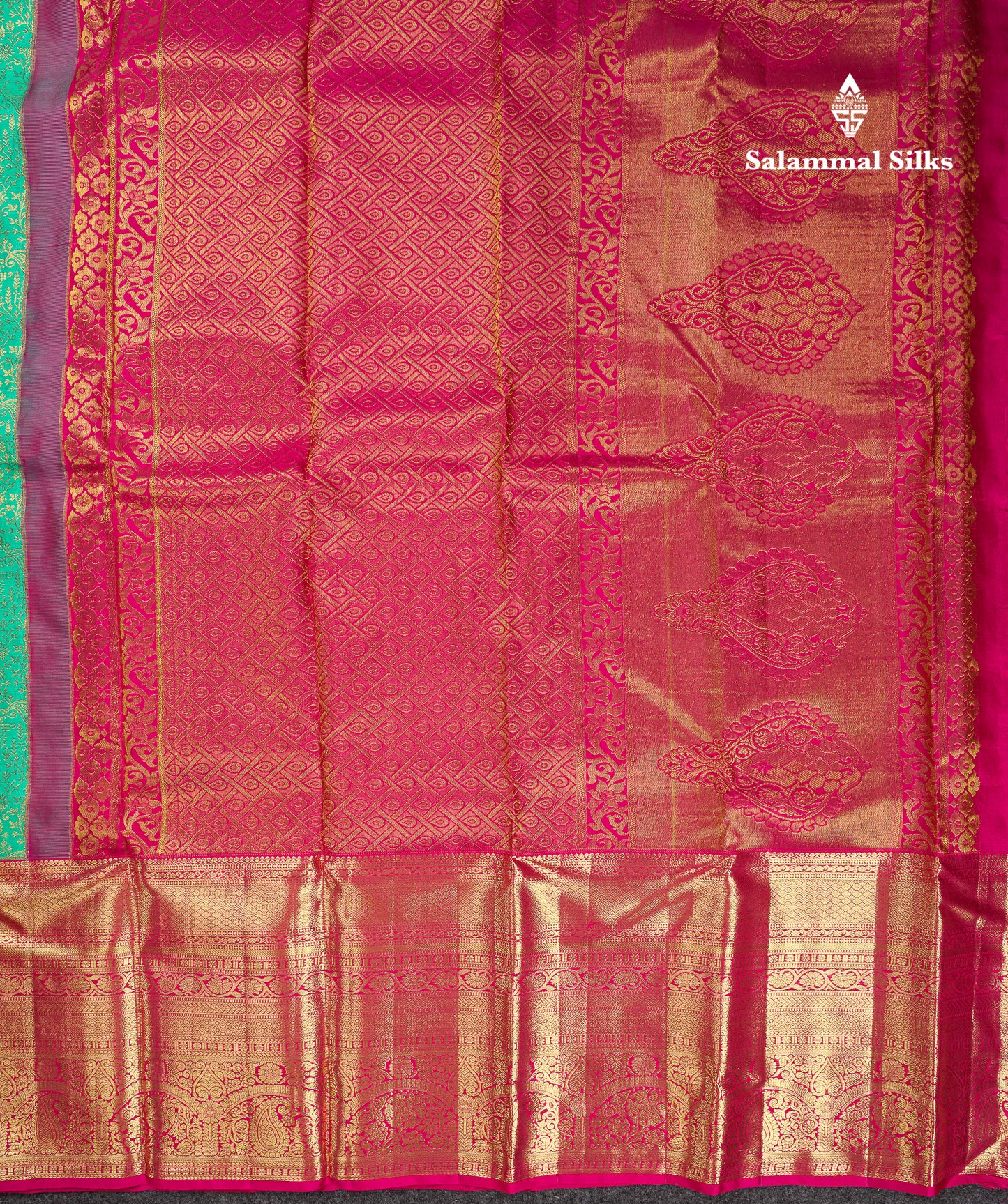 Beautiful Sapphire Green Bridal Pure Kanjivaram Silk Saree With Contrast Magenta Pink Traditional Evening Morning Border