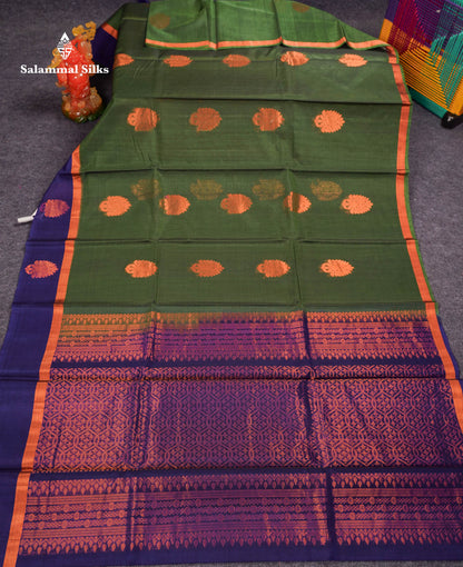 Beautiful Olive Green Zari Butta SICO Cotton Saree With Contrast Navy Blue Fancy Border