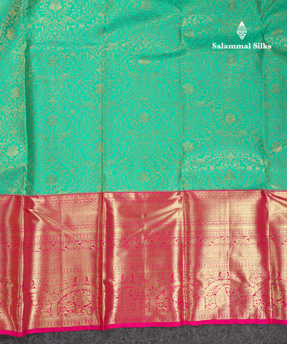 Beautiful Sapphire Green Bridal Pure Kanjivaram Silk Saree With Contrast Magenta Pink Traditional Evening Morning Border