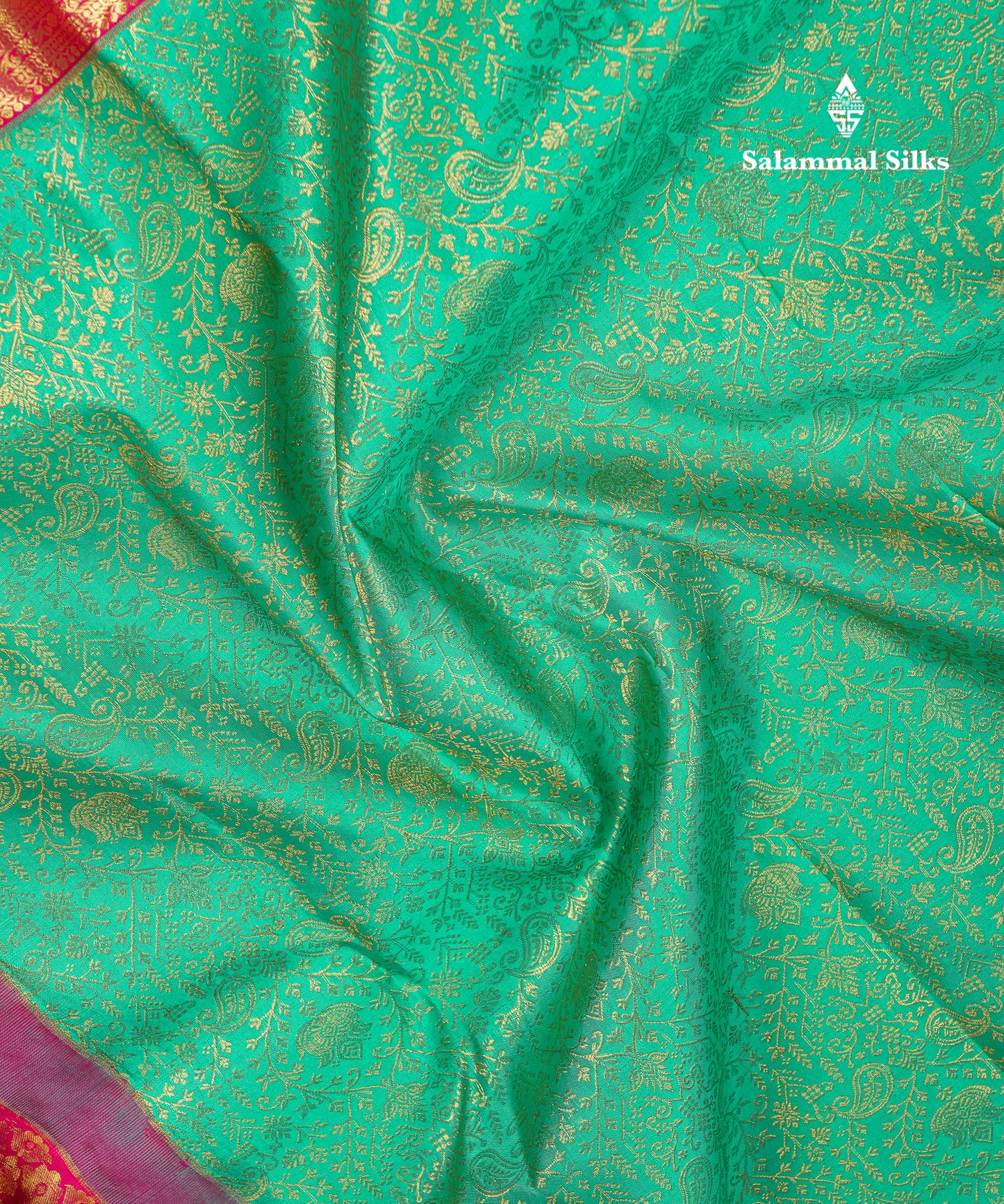 Beautiful Sapphire Green Bridal Pure Kanjivaram Silk Saree With Contrast Magenta Pink Traditional Evening Morning Border