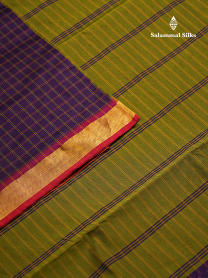 Beautiful Dark Purple Checks Semi Silk Cotton Saree With Contrast Olive Green Blouse