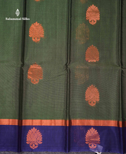 Beautiful Olive Green Zari Butta SICO Cotton Saree With Contrast Navy Blue Fancy Border
