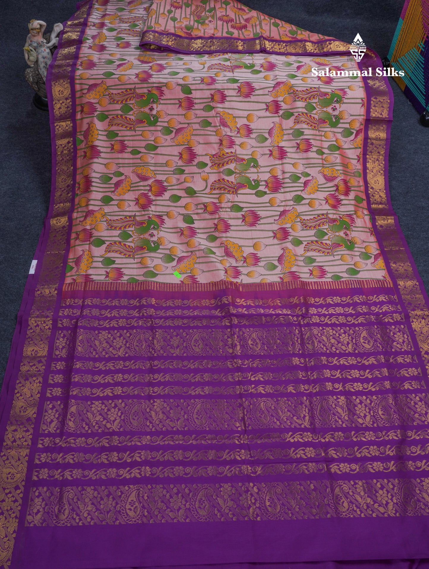 Peach Pink Pichwai Print Semi Silk Cotton Saree With Contrast Vadamalli Border