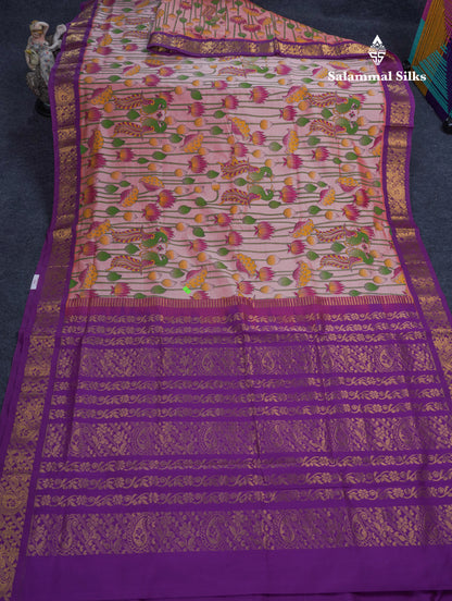 Peach Pink Pichwai Print Semi Silk Cotton Saree With Contrast Vadamalli Border