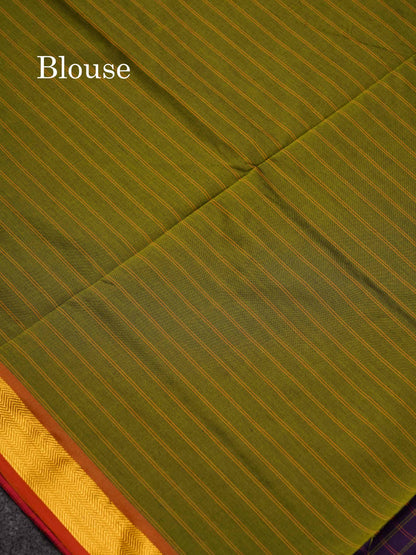 Beautiful Dark Purple Checks Semi Silk Cotton Saree With Contrast Olive Green Blouse