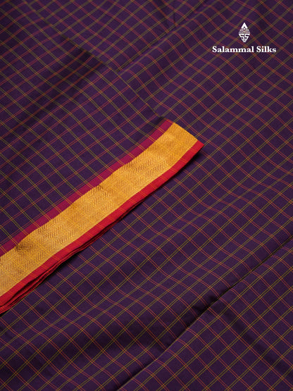 Beautiful Dark Purple Checks Semi Silk Cotton Saree With Contrast Olive Green Blouse