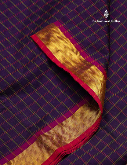 Beautiful Dark Purple Checks Semi Silk Cotton Saree With Contrast Olive Green Blouse