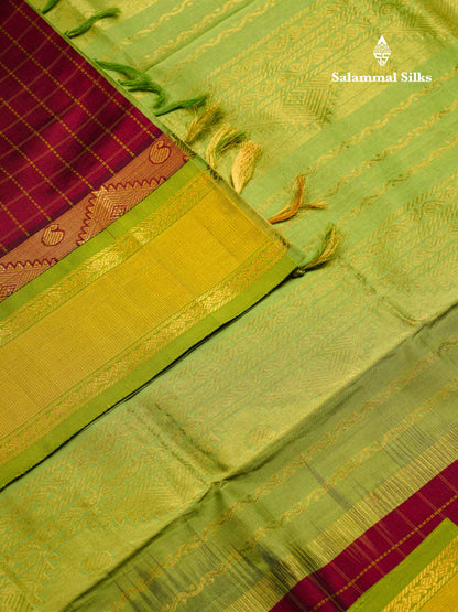 Beautiful Maroon Checks Silk Cotton Saree With Contrast Parrot Green Traditional Border
