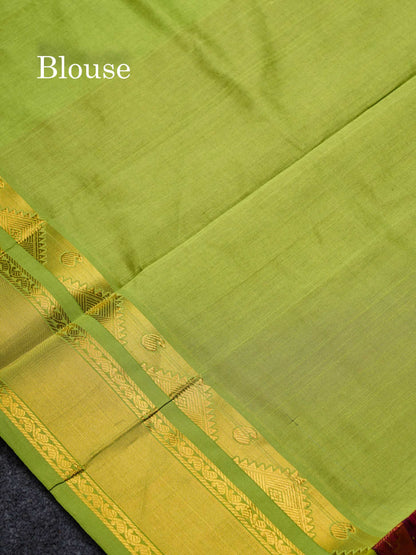 Beautiful Maroon Checks Silk Cotton Saree With Contrast Parrot Green Traditional Border