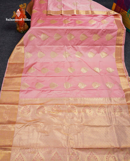 Beautiful Peach Semi Silk Saree With Traditional Evening Morning Border