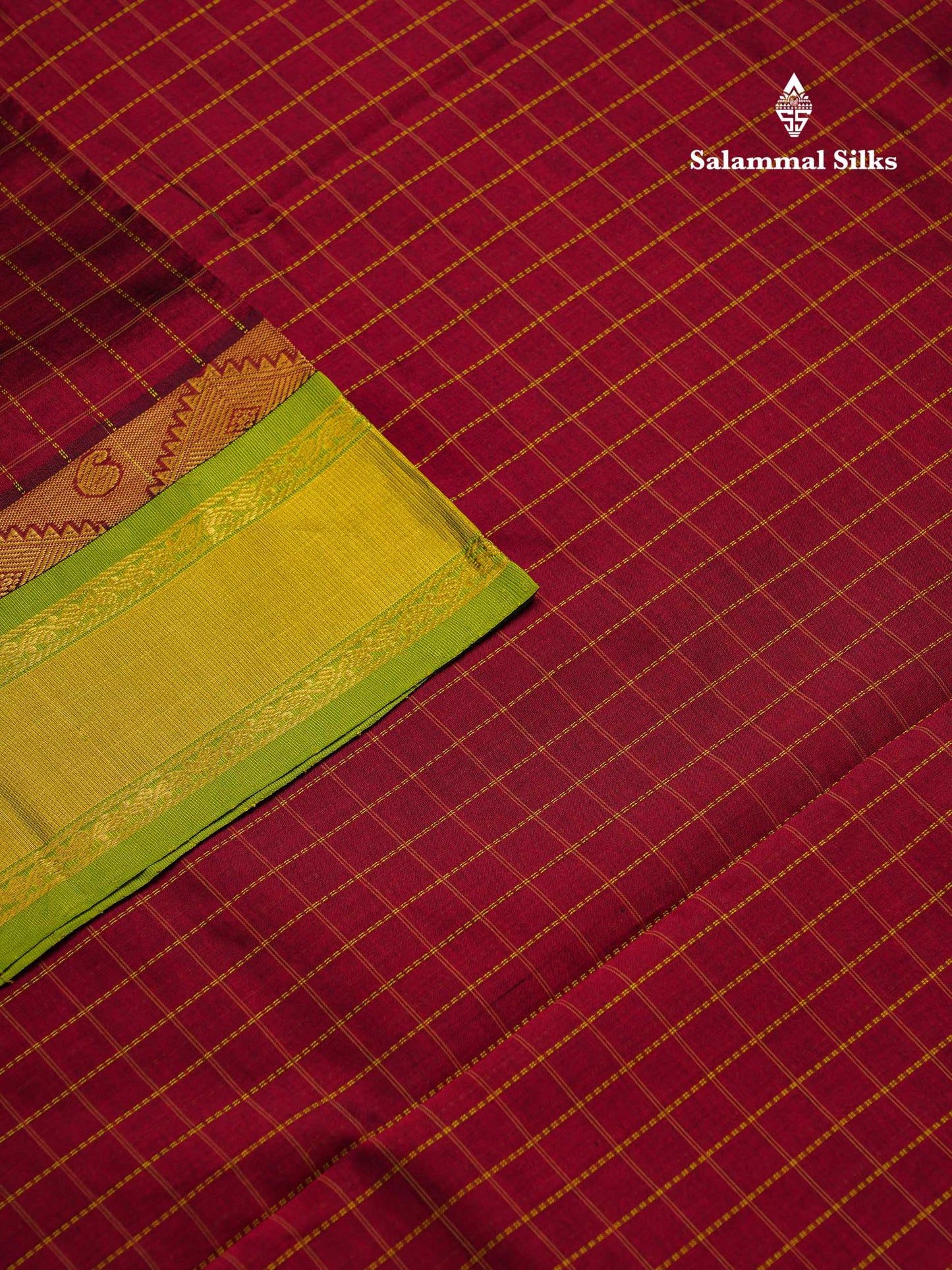 Beautiful Maroon Checks Silk Cotton Saree With Contrast Parrot Green Traditional Border