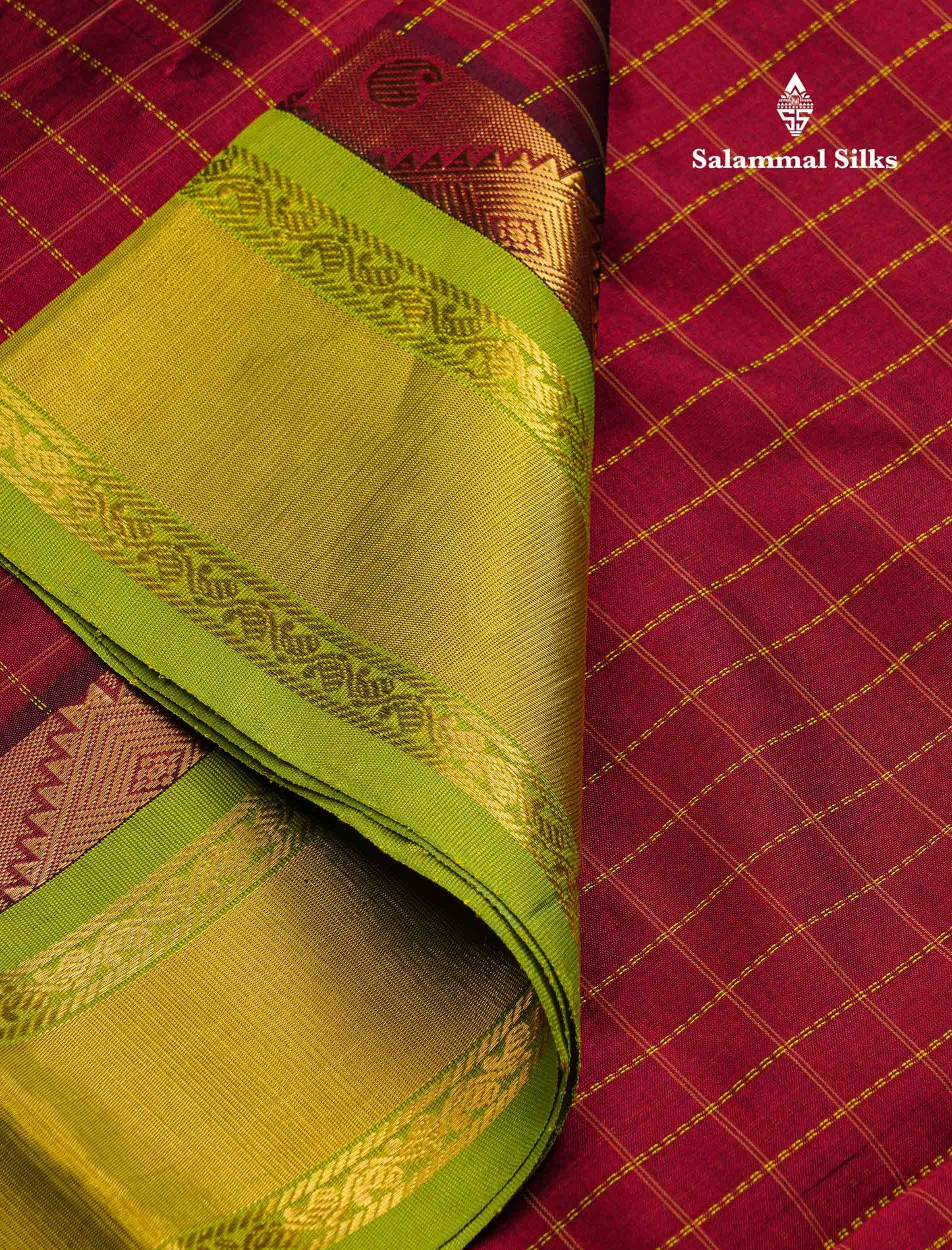 Beautiful Maroon Checks Silk Cotton Saree With Contrast Parrot Green Traditional Border