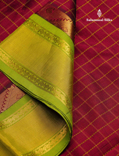 Beautiful Maroon Checks Silk Cotton Saree With Contrast Parrot Green Traditional Border