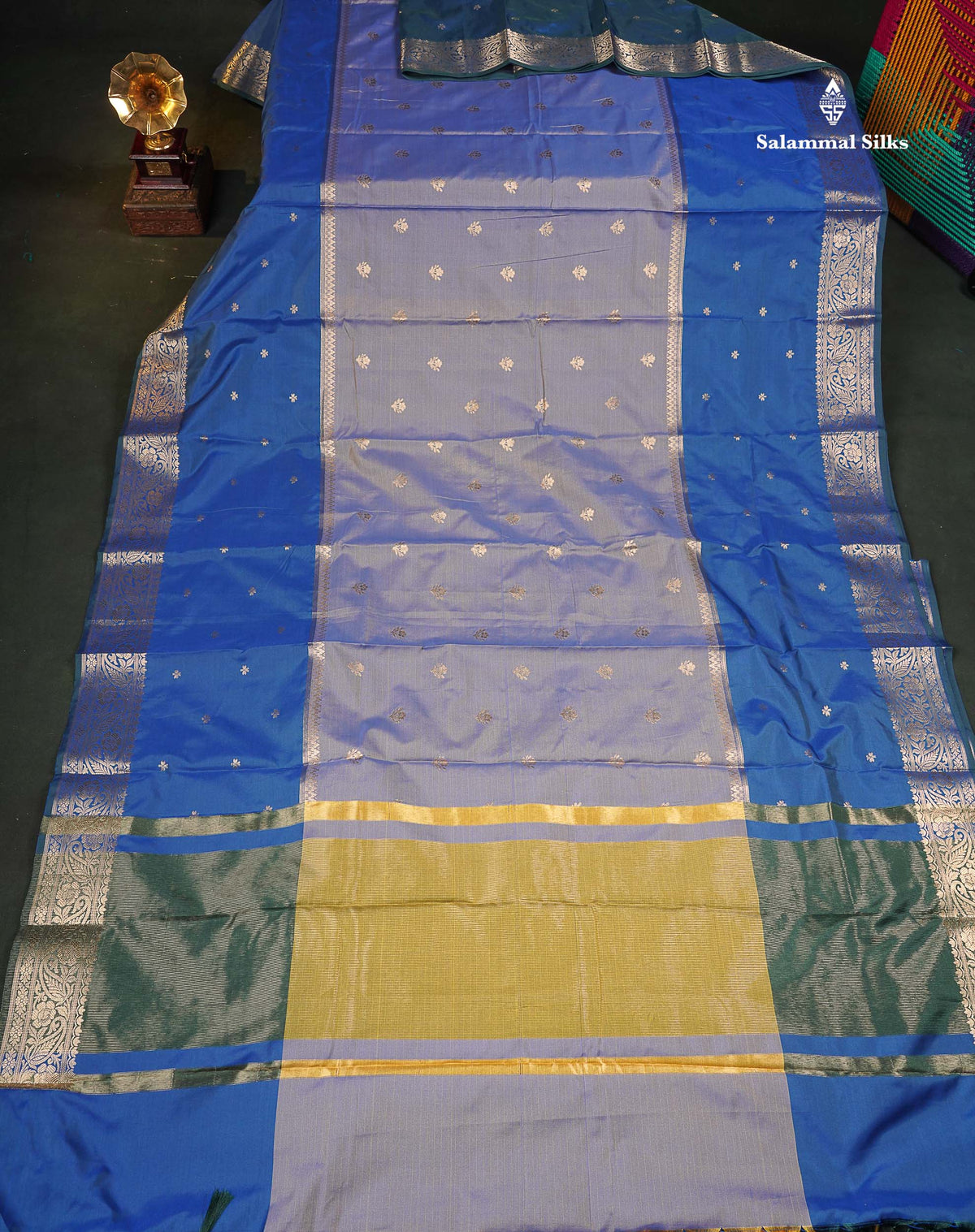 Semi Silk Saree - Dual Tone Blue Colour Body With Contrast Peacock Blue Fancy Long Border