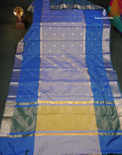 Semi Silk Saree - Dual Tone Blue Colour Body With Contrast Peacock Blue Fancy Long Border