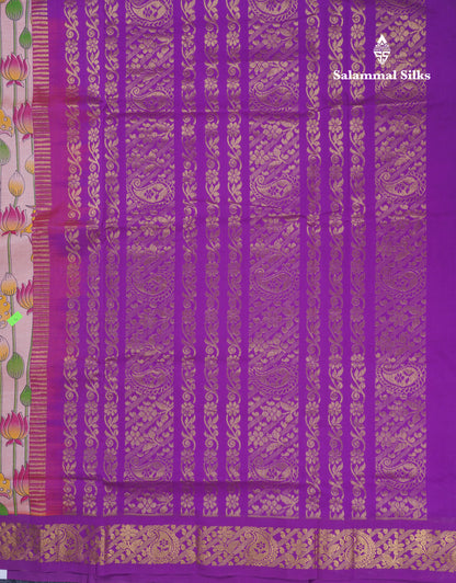 Peach Pink Pichwai Print Semi Silk Cotton Saree With Contrast Vadamalli Border