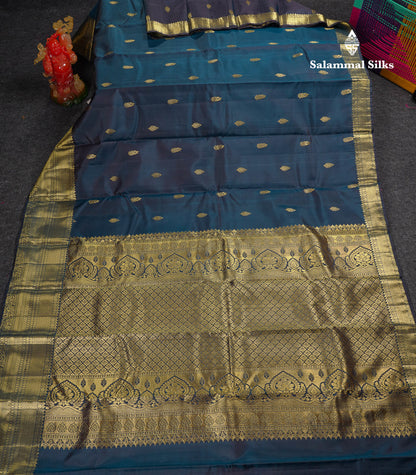 Beautiful Dark Ramar Blue Pure Kanjivaram Silk Saree With Traditional Evening Morning Border
