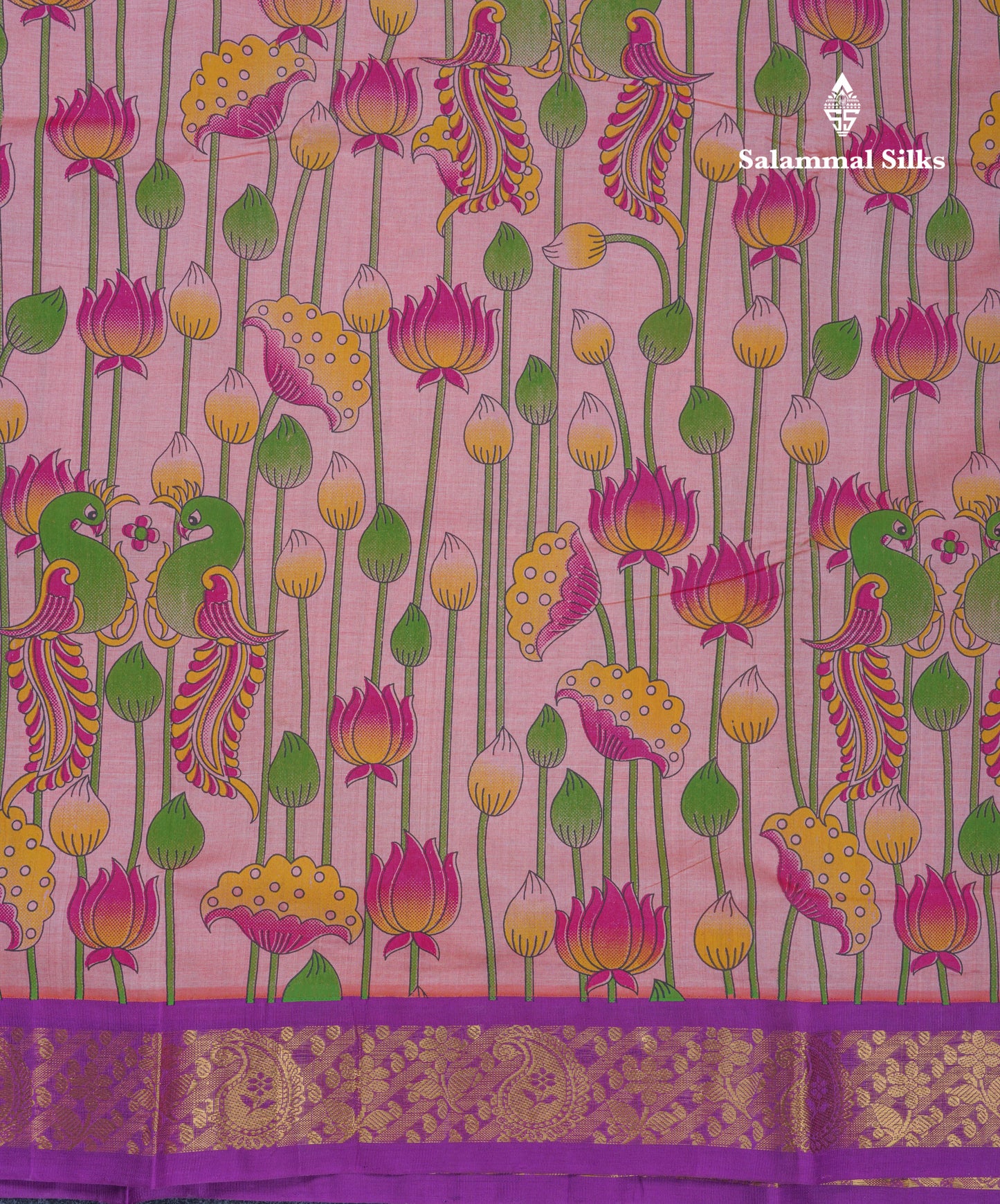 Peach Pink Pichwai Print Semi Silk Cotton Saree With Contrast Vadamalli Border