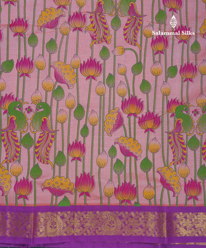 Peach Pink Pichwai Print Semi Silk Cotton Saree With Contrast Vadamalli Border