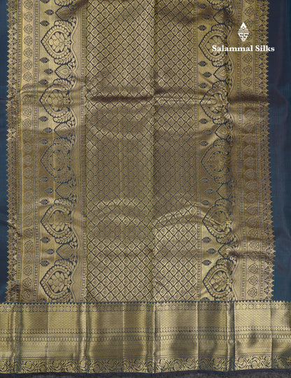 Beautiful Dark Ramar Blue Pure Kanjivaram Silk Saree With Traditional Evening Morning Border