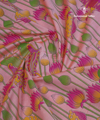 Peach Pink Pichwai Print Semi Silk Cotton Saree With Contrast Vadamalli Border