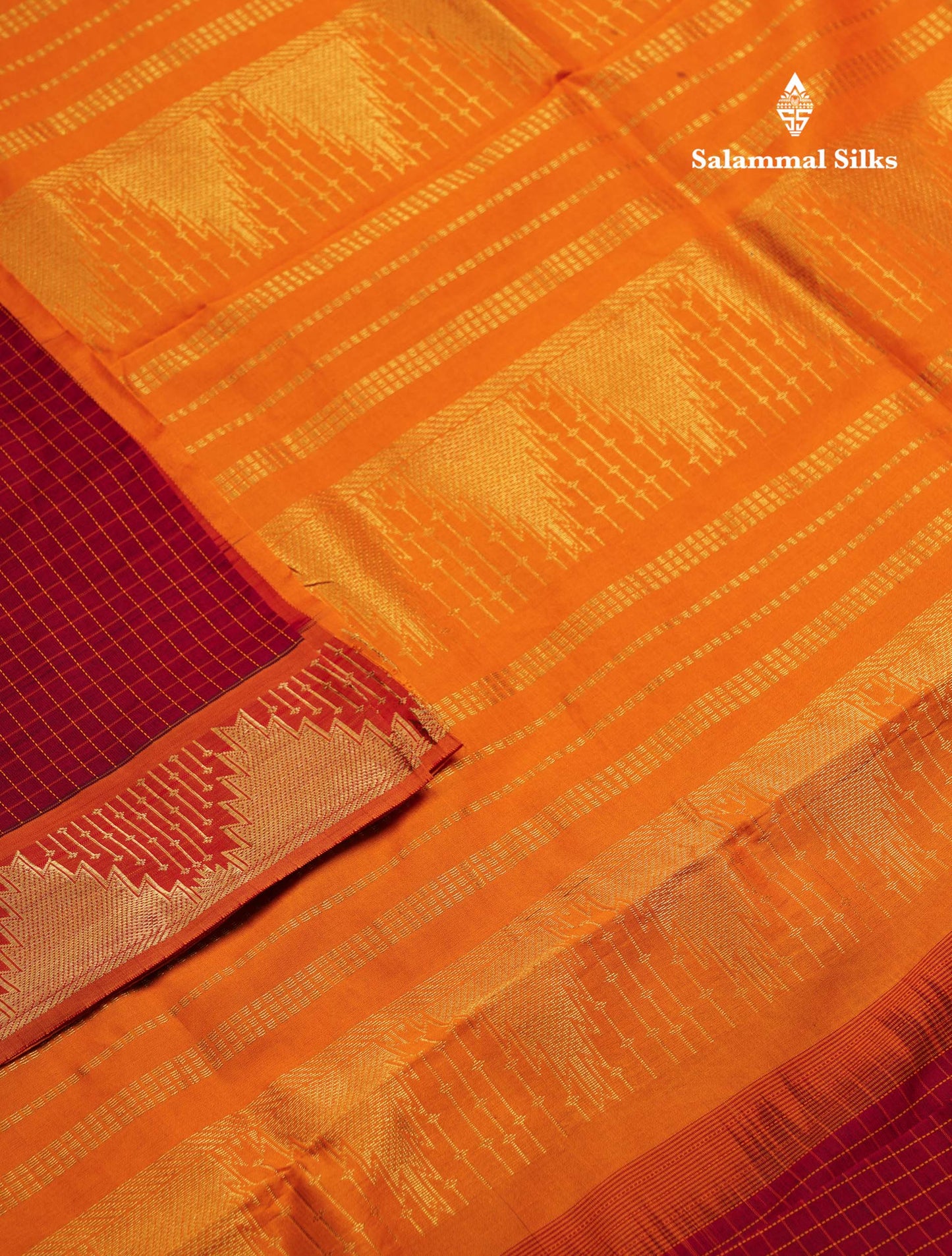 Beautiful Maroon Small Checks Semi Silk Cotton Saree With Contrast Mustard Yellow Blouse
