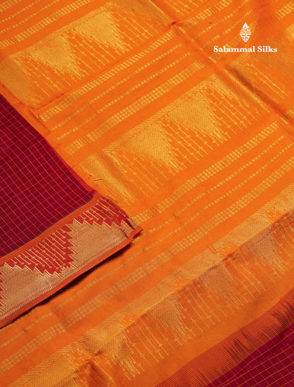 Beautiful Maroon Small Checks Semi Silk Cotton Saree With Contrast Mustard Yellow Blouse