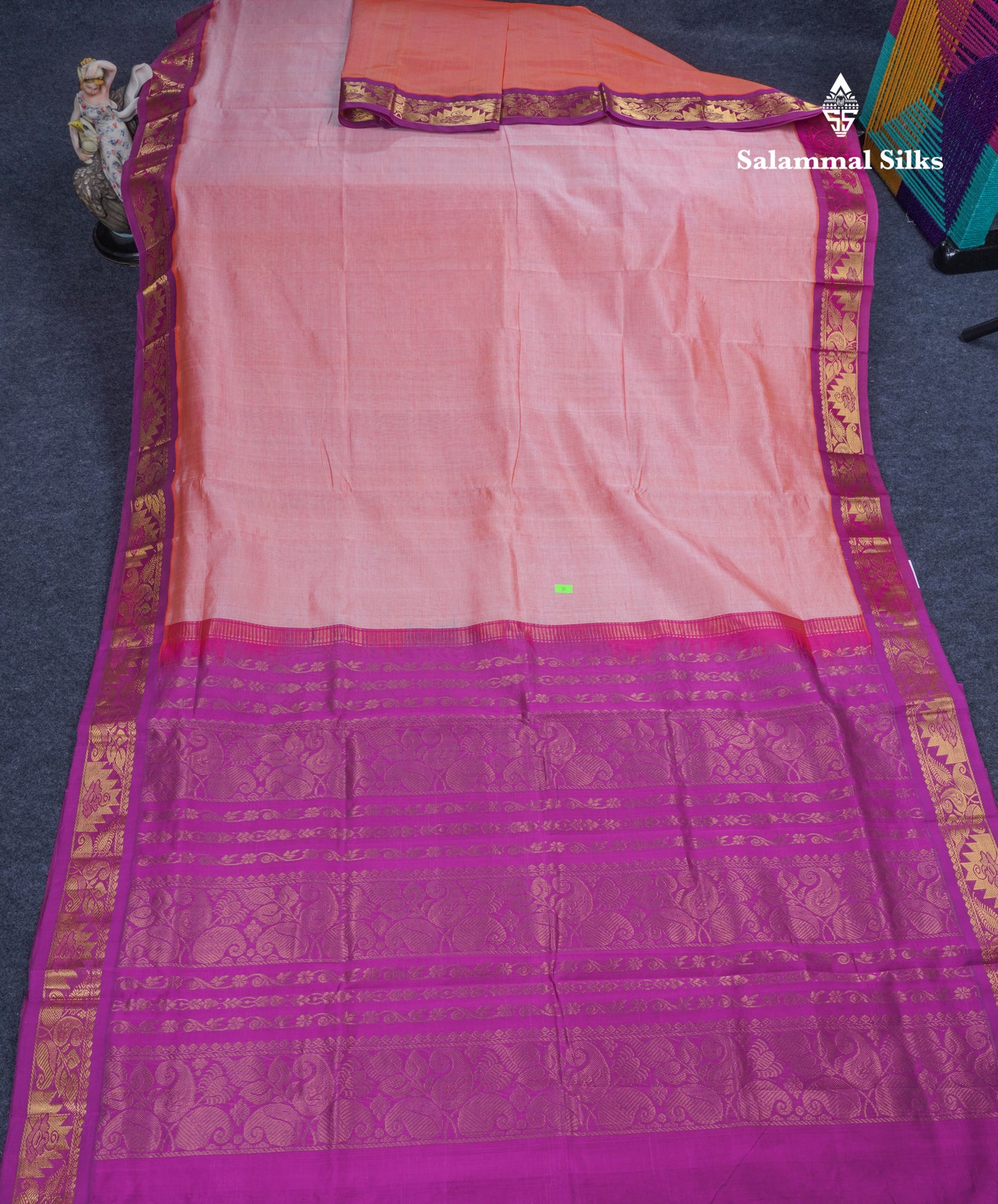 Peach Plain Semi Silk Cotton Saree With Contrast Vadamalli Traditional Border