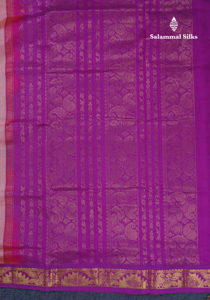 Peach Plain Semi Silk Cotton Saree With Contrast Vadamalli Traditional Border