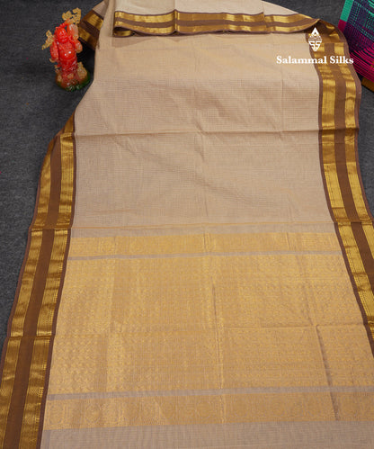 Beautiful Sandal Small Checks Pure Cotton Saree With Contrast Brown Traditional Rettapet Border