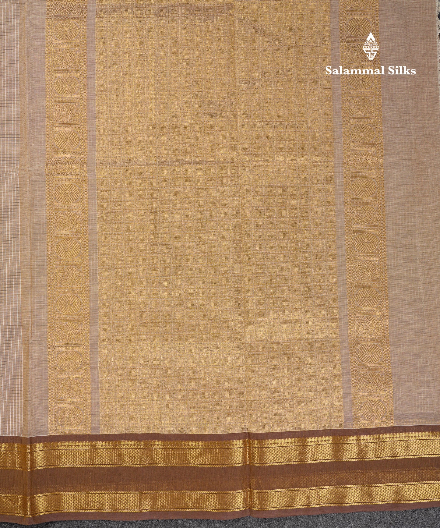 Beautiful Sandal Small Checks Pure Cotton Saree With Contrast Brown Traditional Rettapet Border
