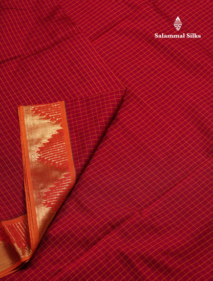 Beautiful Maroon Small Checks Semi Silk Cotton Saree With Contrast Mustard Yellow Blouse