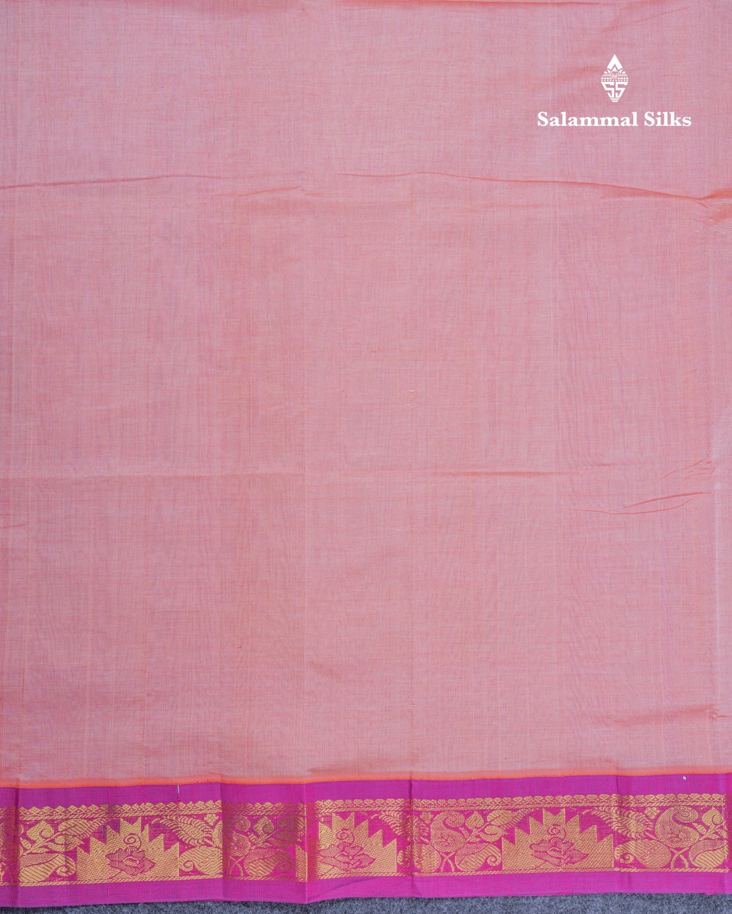 Peach Plain Semi Silk Cotton Saree With Contrast Vadamalli Traditional Border