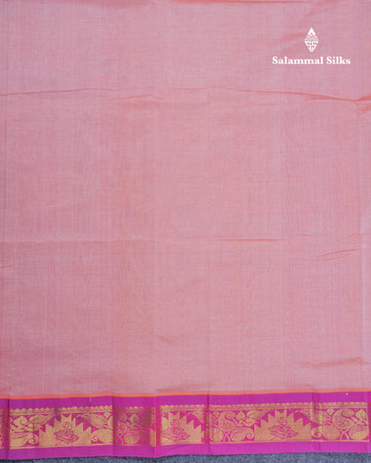 Peach Plain Semi Silk Cotton Saree With Contrast Vadamalli Traditional Border
