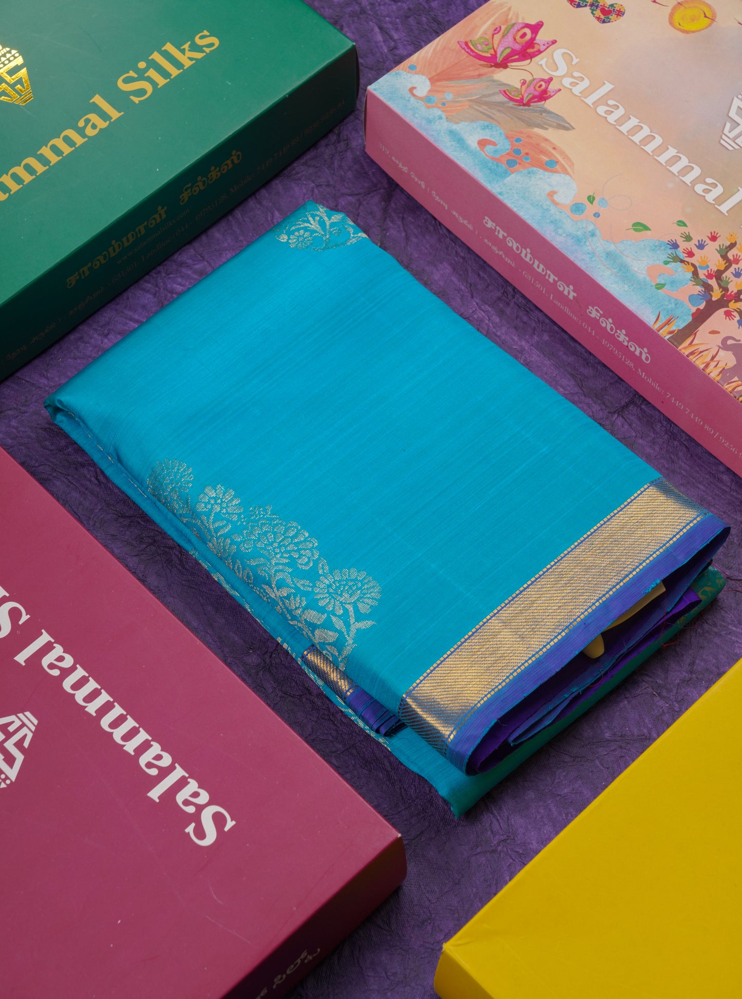 Beautiful Sky Blue Pure Kanjivaram Silk Saree With Contrast Violet Blouse