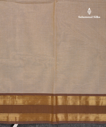 Beautiful Sandal Small Checks Pure Cotton Saree With Contrast Brown Traditional Rettapet Border