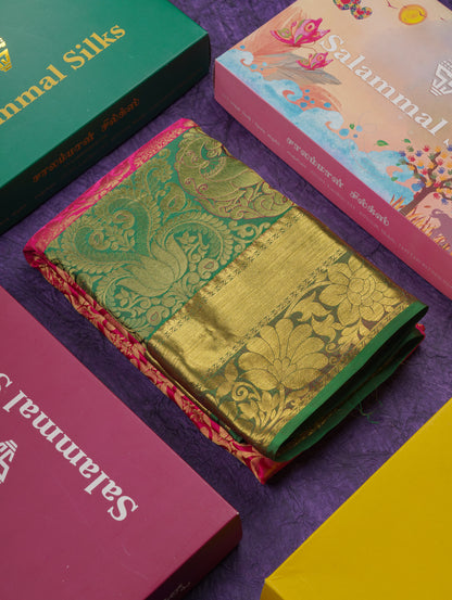 Beautiful Green Bridal Pure Mix Silk Saree With Contrast Magenta Traditional Evening Morning Border