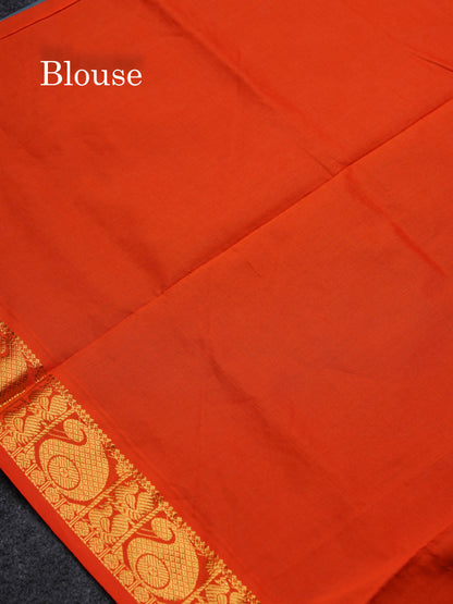 Beautiful Peacock Green Small Checks Semi Silk Cotton Saree With Contrast Orange Blouse